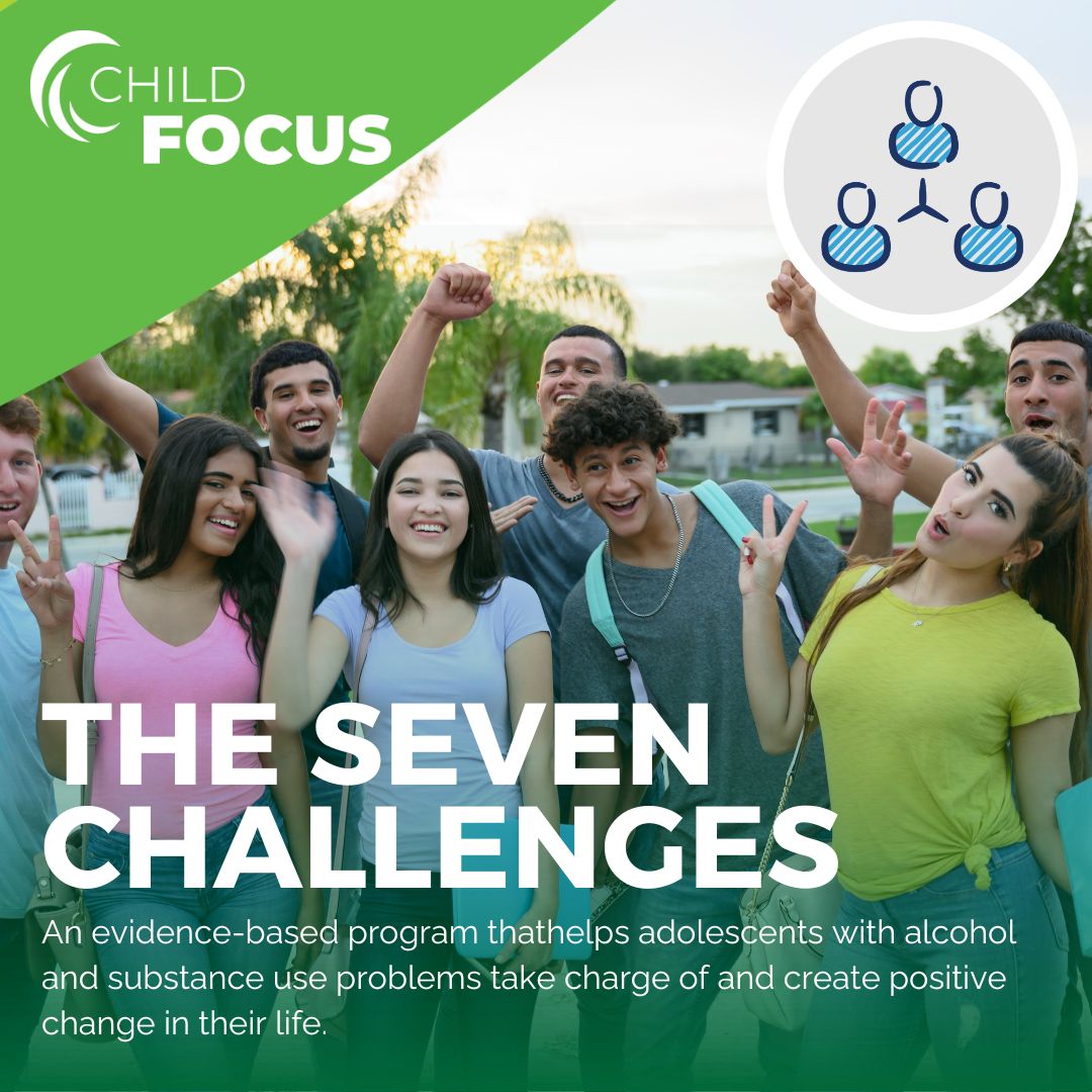 graphic of a group of teens posing, laughing with text that reads, "The seven challenges"